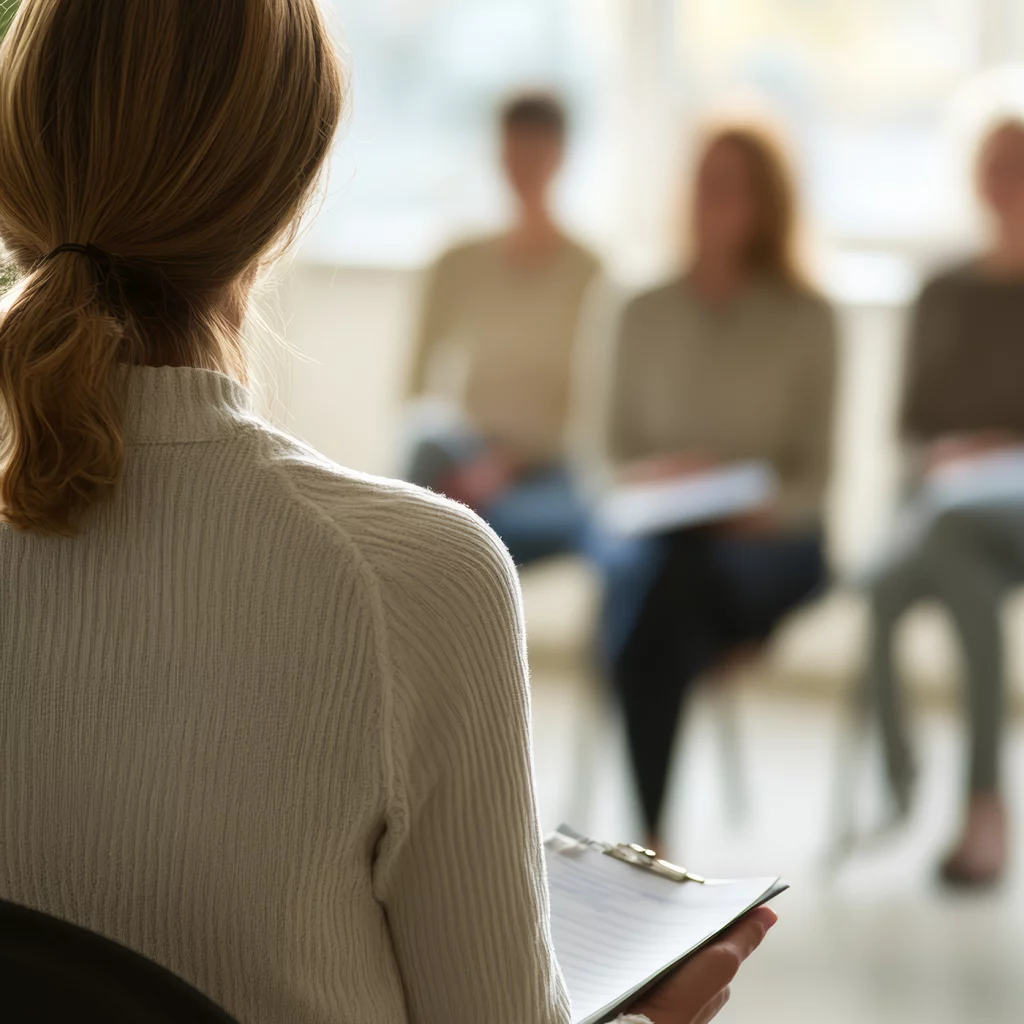 Eine Frau, anscheinen eine Therapeutin sitzt in Front einer Gruppe, welche verschwommen im Hintergrund sitzt.