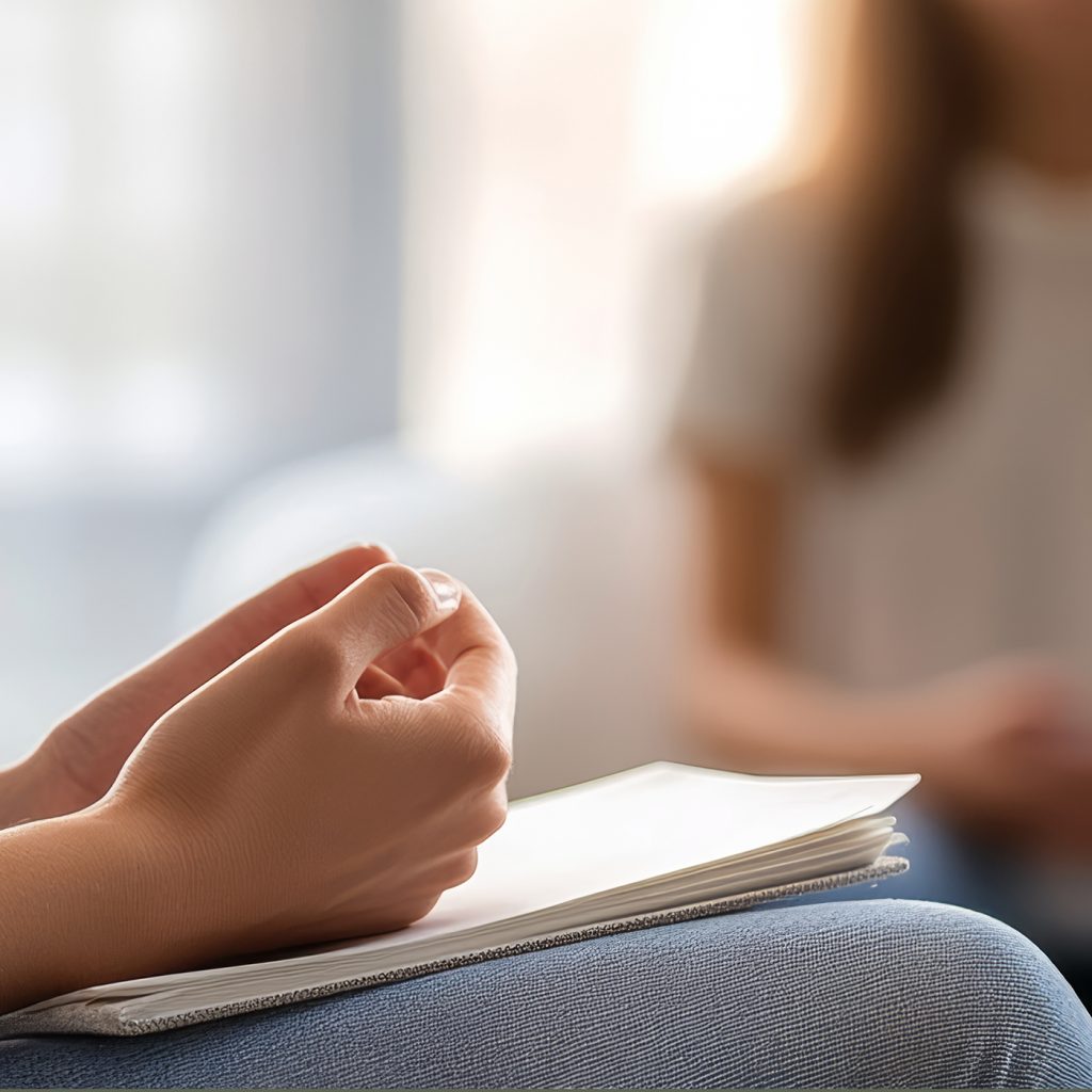 Ein paar Hände, die auf einem Block im Schoß der Person liegen.