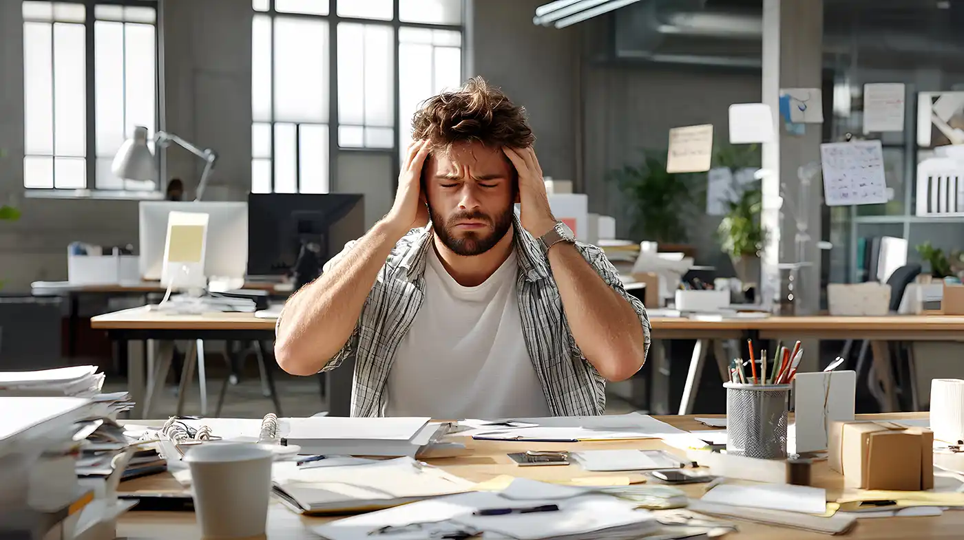 Ein erschöpfter Arbeitnehmer an einem Bürotisch mit PC. Das Bild wirkt sehr grau und deprimierend.