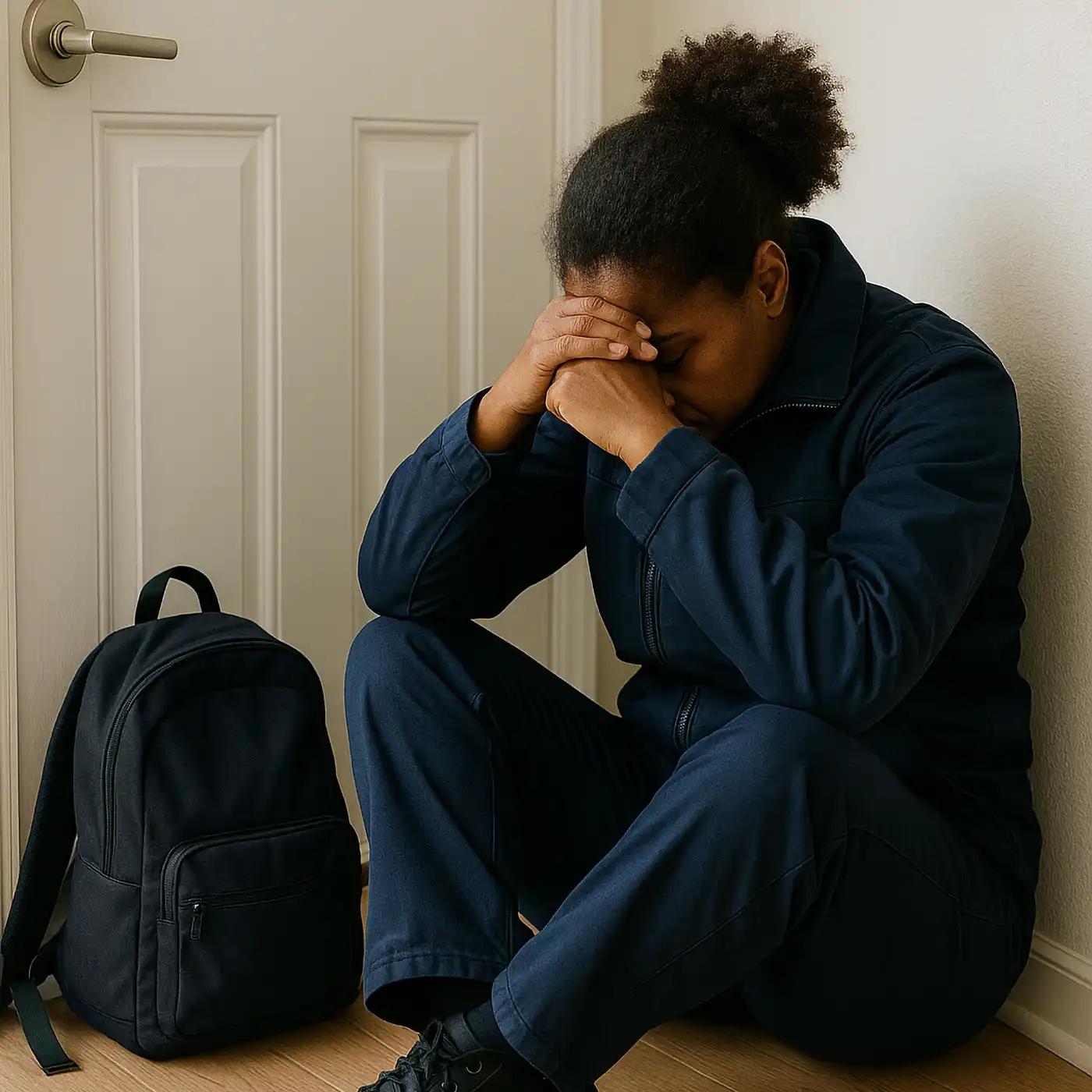 Person sitzt mit gesenktem Kopf und verschränkten Händen am Boden neben einer Tür – Symbolbild für Angst, innere Anspannung und Rückzug.