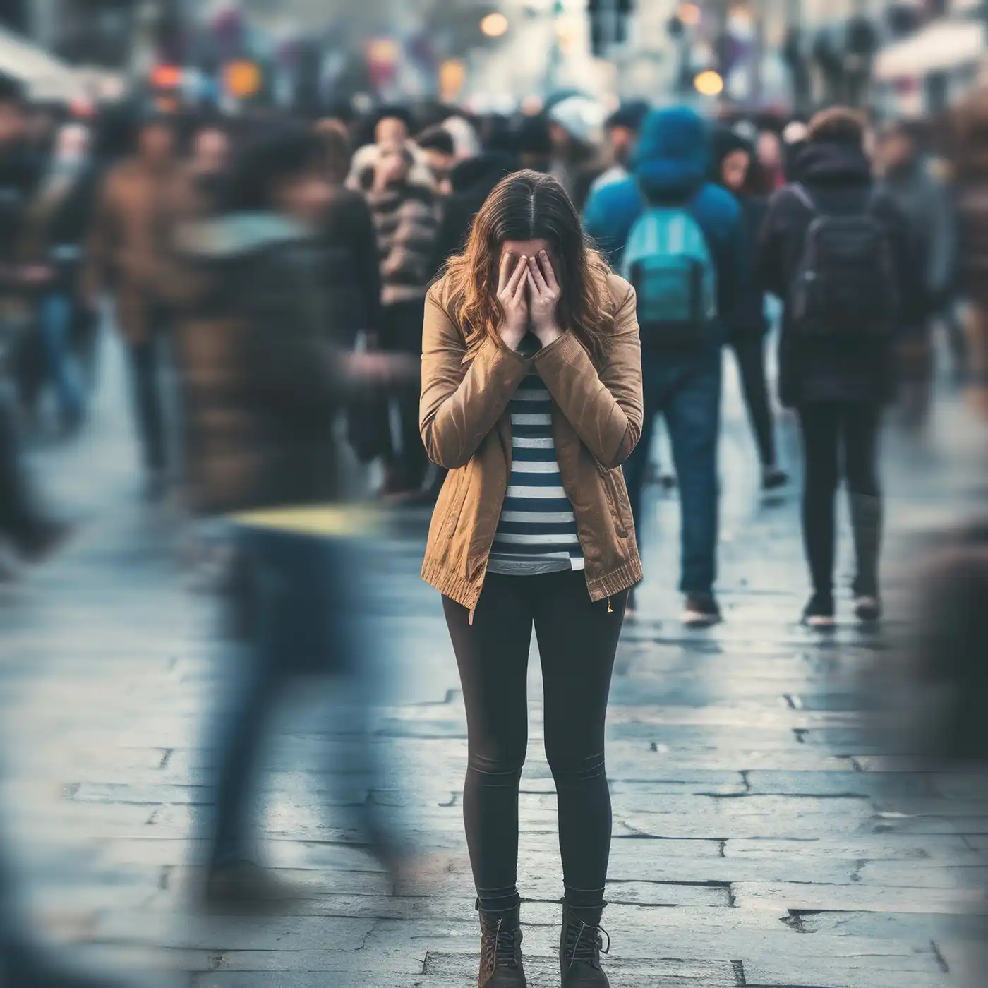 Frau steht inmitten einer belebten Straße, hält verzweifelt den Kopf in den Händen – Symbolbild für mentale Krise, Überforderung und psychische Belastung im Alltag.
