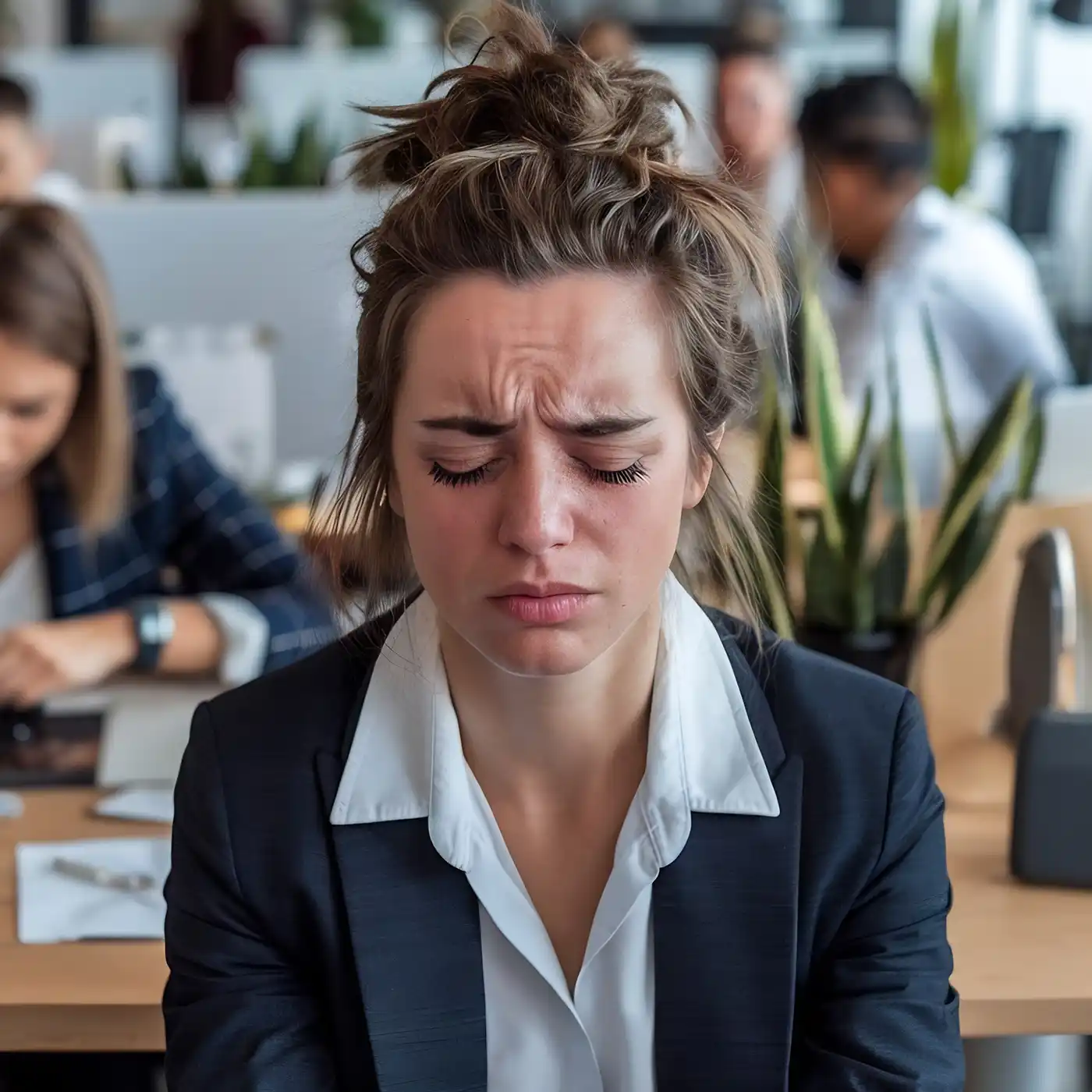 Frau in Businesskleidung mit geschlossenen Augen und angespanntem Gesichtsausdruck – Symbolbild für psychische Belastung und Stress durch Mobbing am Arbeitsplatz.
